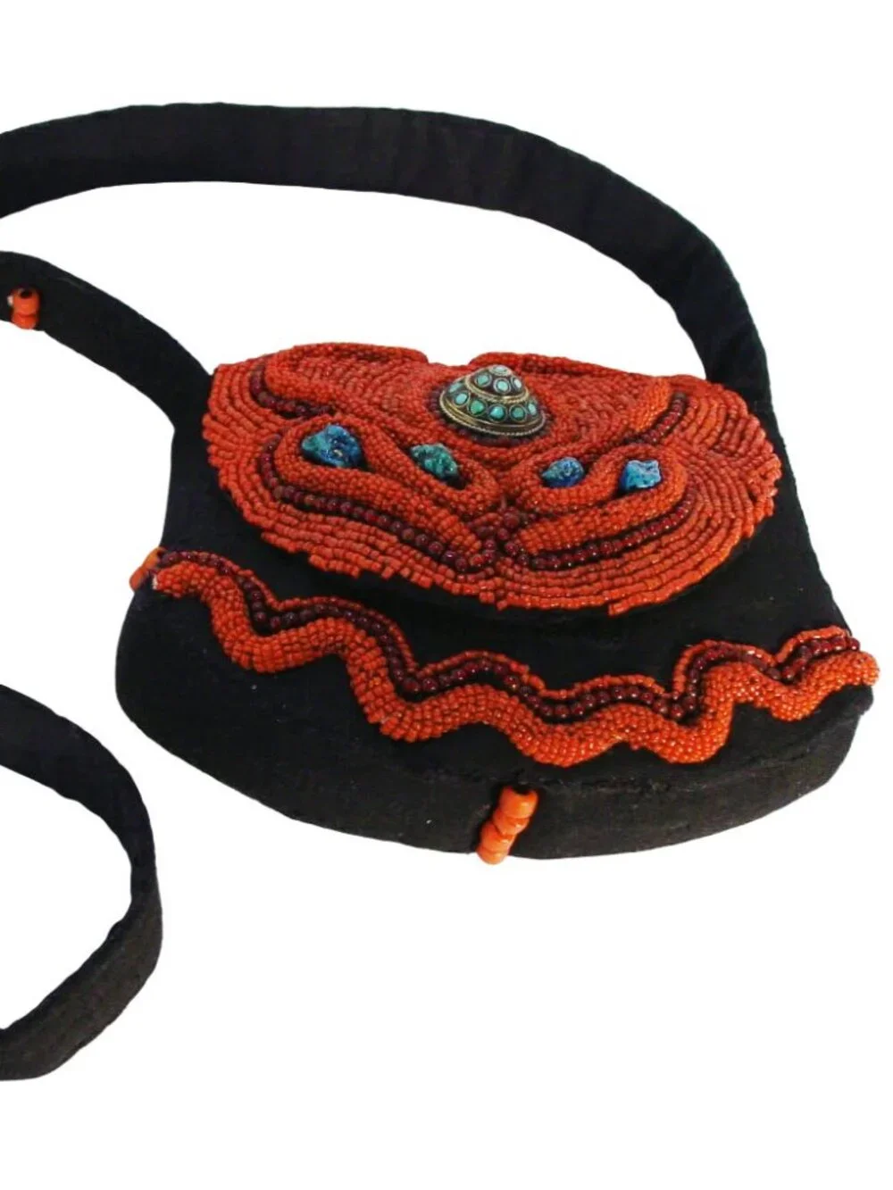 TURQUOISE and CORAL Vintage Handmade Beaded Crossbody Bag - OOAK - Picture 8 of 10